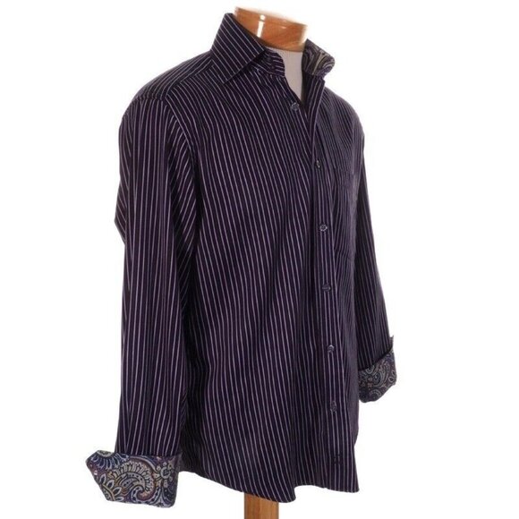 Bugatchi Mens Small 14-14.5 Long Sleeve Striped Shirts With Contrast Cuffs & Col - Picture 5 of 9